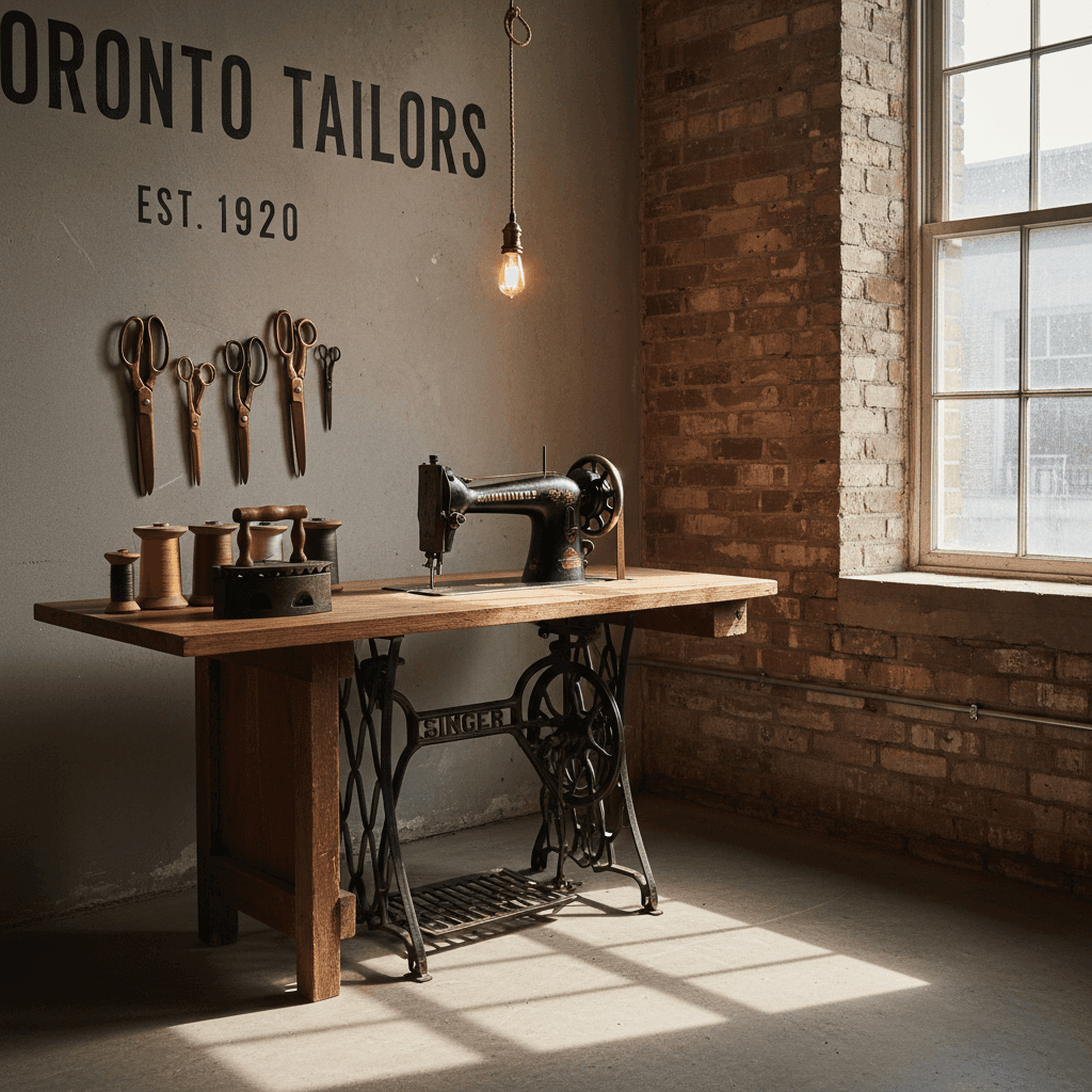 Wide shot of a tailoring workspace with sewing machine, tools, and natural light in Toronto