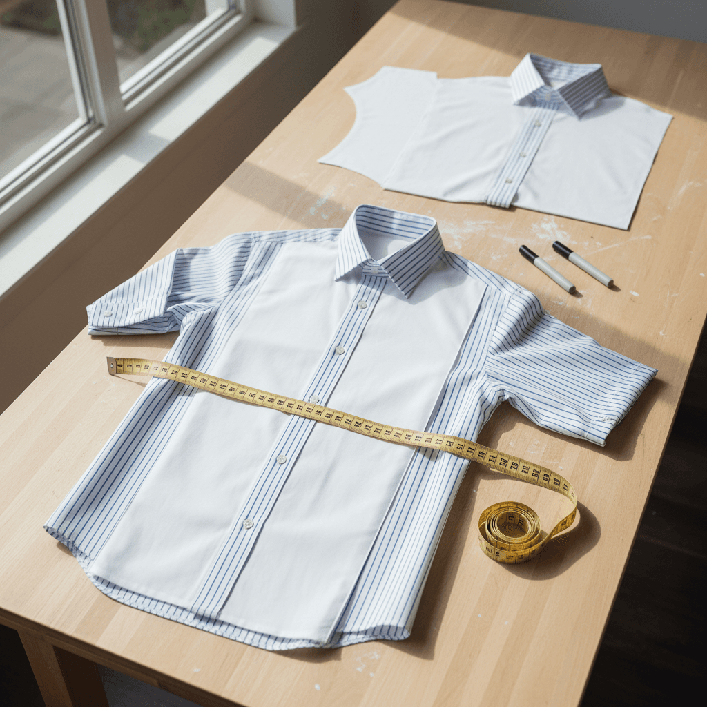 Custom shirt on cutting table with pattern pieces