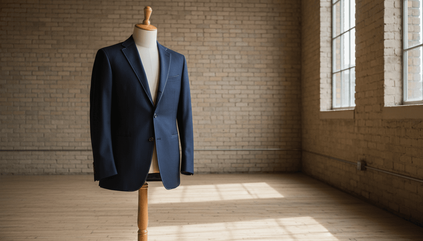 Navy blue custom suit jacket draped on a tailor's dummy in a bright Toronto studio
