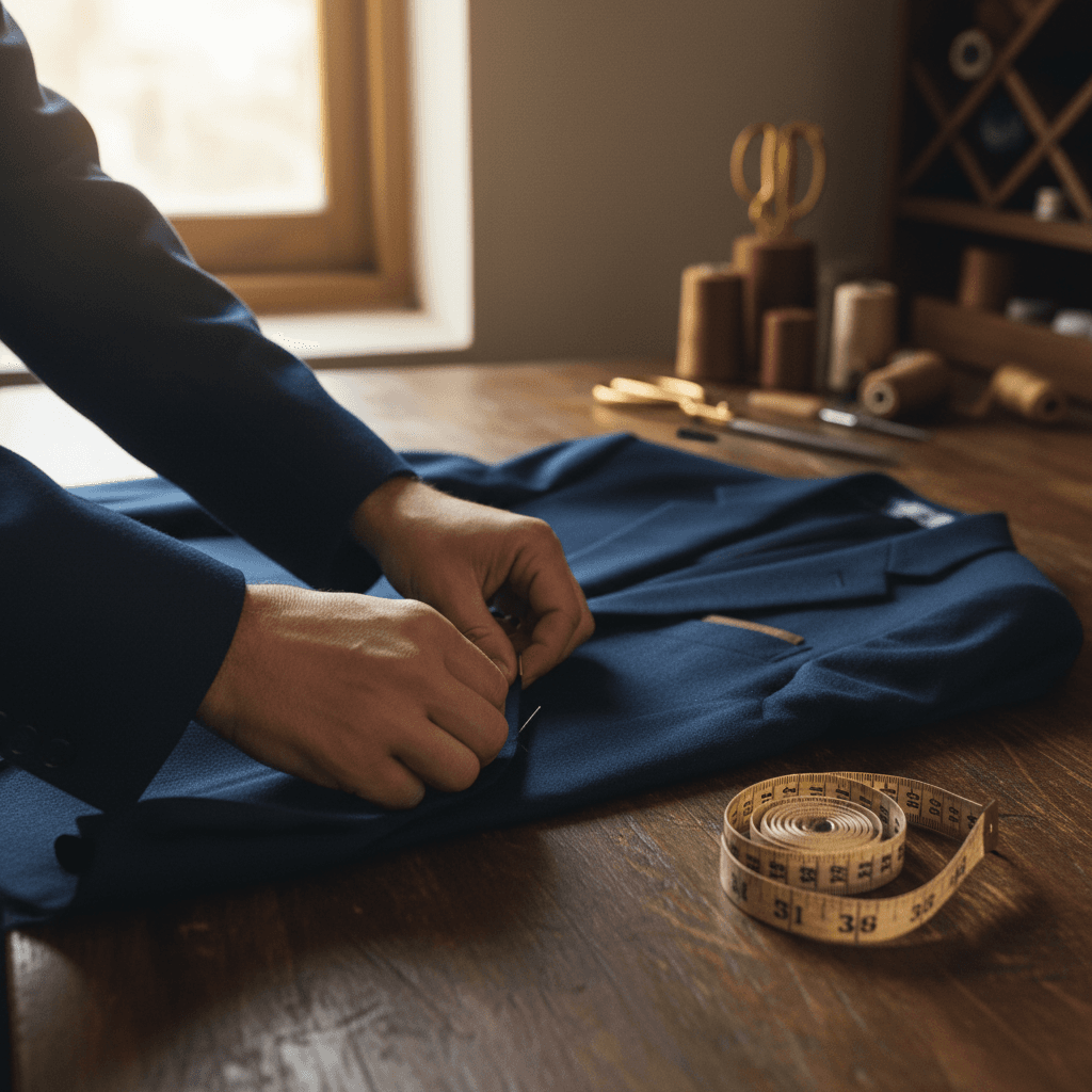 Tailor's hands pinning a suit jacket hem on a wooden worktable with measuring tape nearby