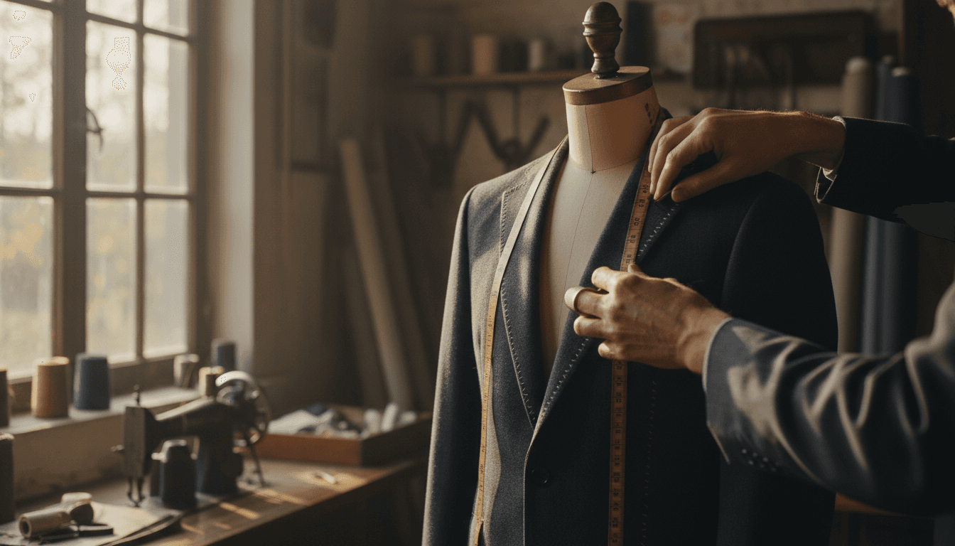 Tailor's hands adjusting a wool suit jacket on a dress form in a warmly lit workshop