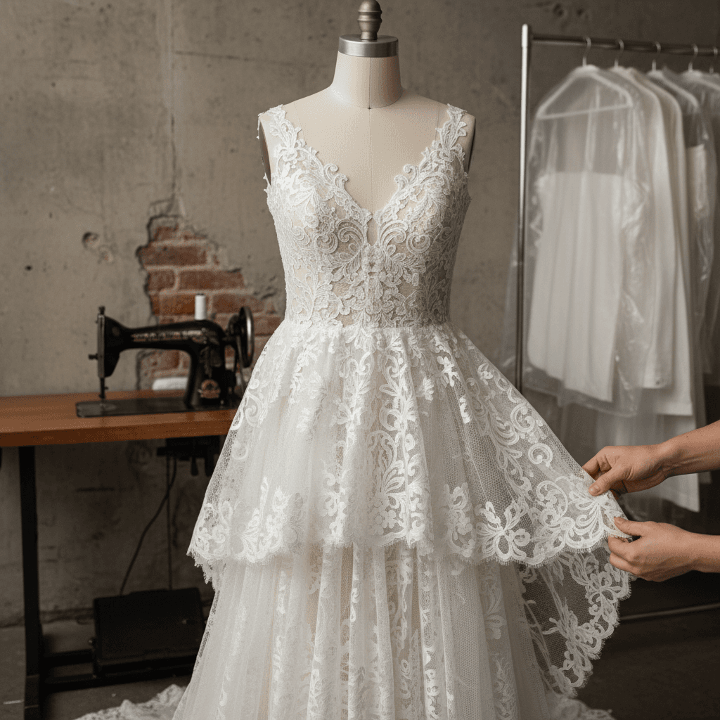 Wedding dress hem being pinned